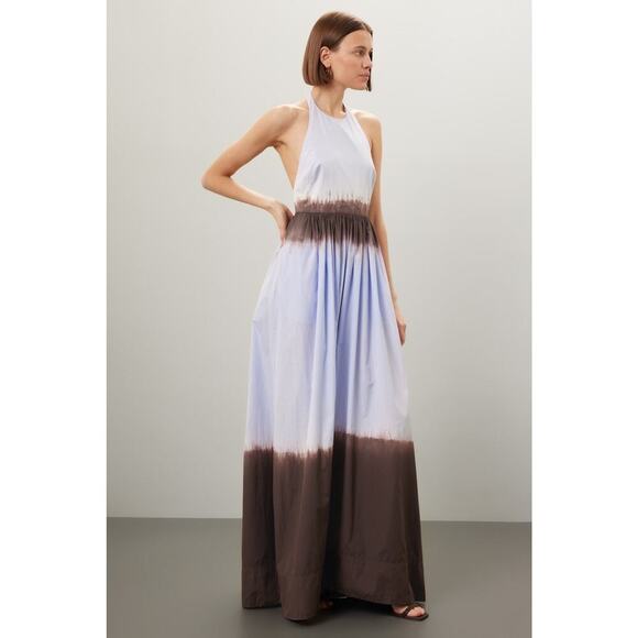 A. L. C. Multicolored Cotton Tan White Halter Neck Maxi Dress Size 6 - Picture 2 of 16